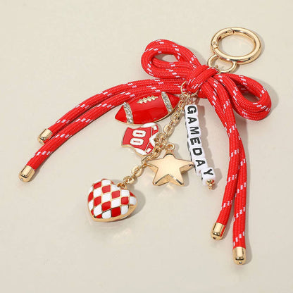 Sensibling Corp. - Football Themed Charm GAME DAY Message Beaded Rope Bow Accent Keychain / Bag Charm: Gold,Red,White
