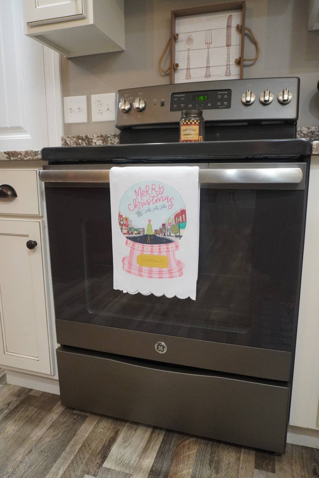 Doodles By Rebekah - Custom Name- Pink Snow Globe Scalloped Tea Towel