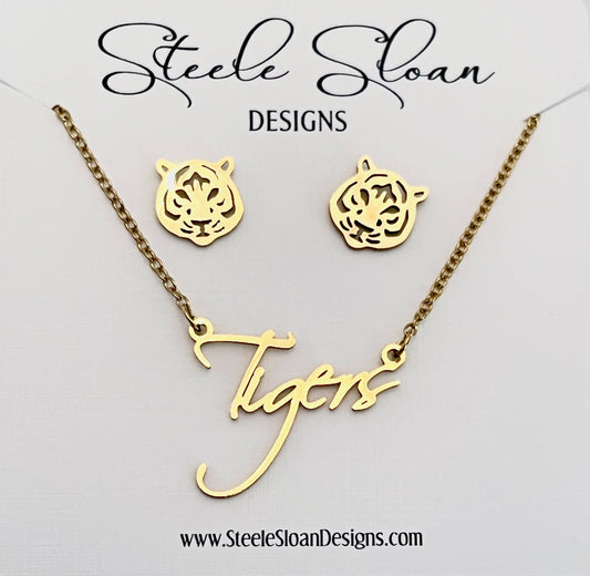 Steele Sloan Designs - Tiger Earrings Tiger Name Necklace Combo - Tiger Gift Set