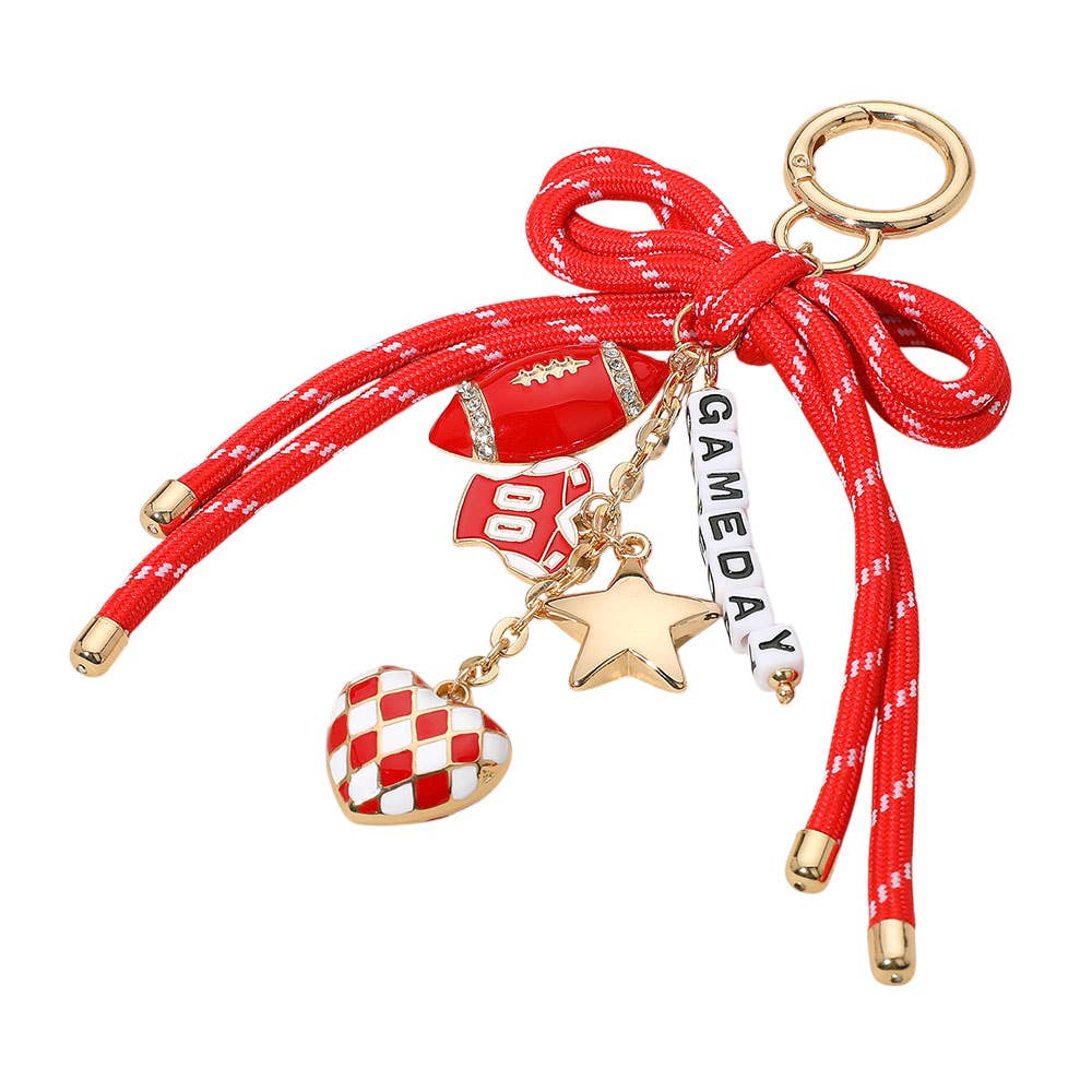 Sensibling Corp. - Football Themed Charm GAME DAY Message Beaded Rope Bow Accent Keychain / Bag Charm: Gold,Red,White