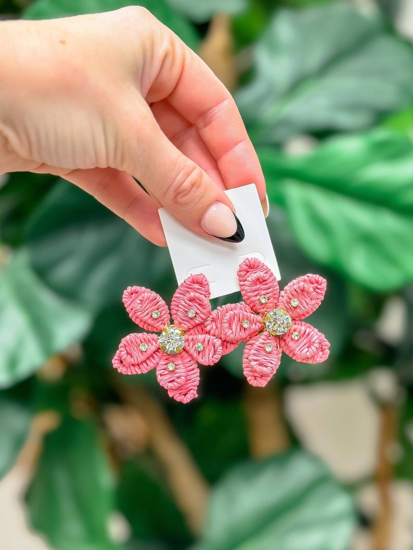 Prep Obsessed Wholesale - Rhinestone Raffia Flower Statement Earrings: Pink