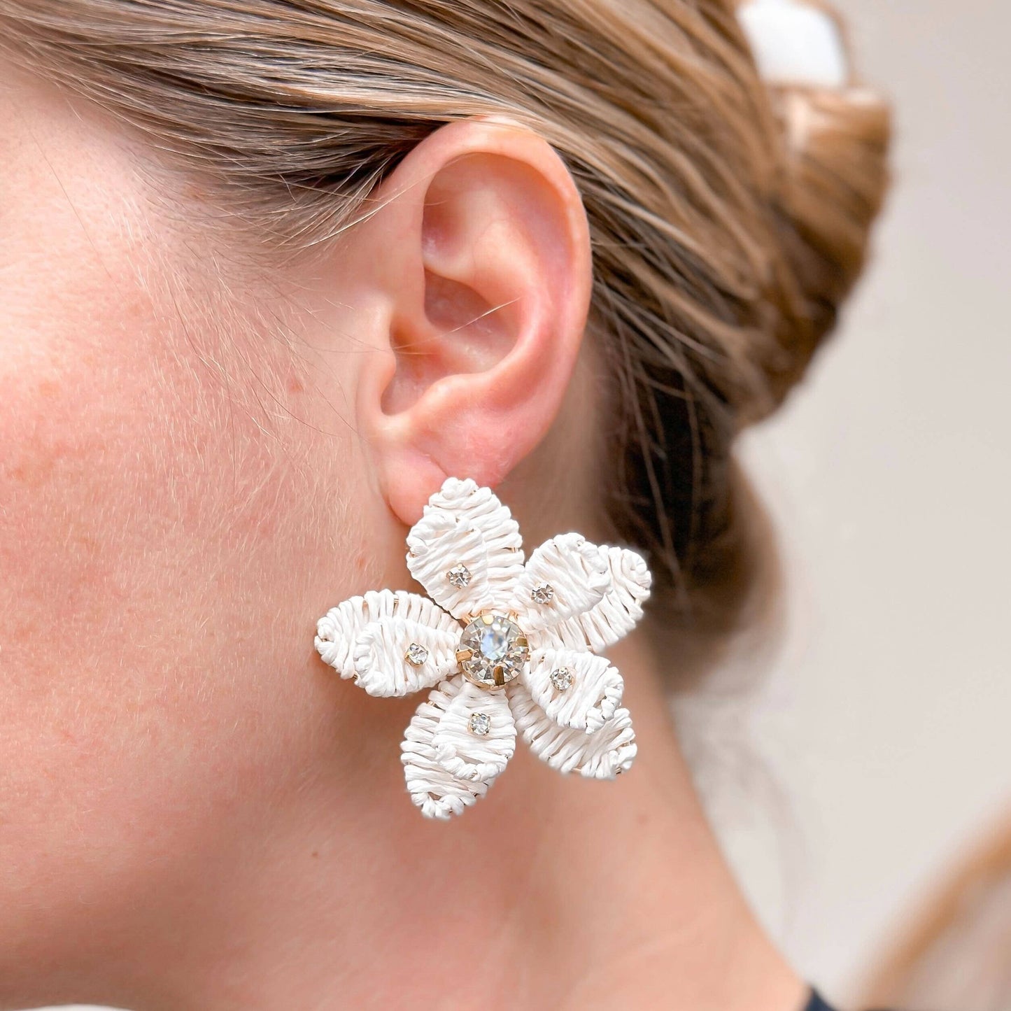 Prep Obsessed Wholesale - Rhinestone Raffia Flower Statement Earrings: Pink