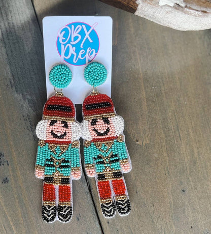 OBX Prep - Turquoise Nutcracker Christmas Beaded Dangle Earrings