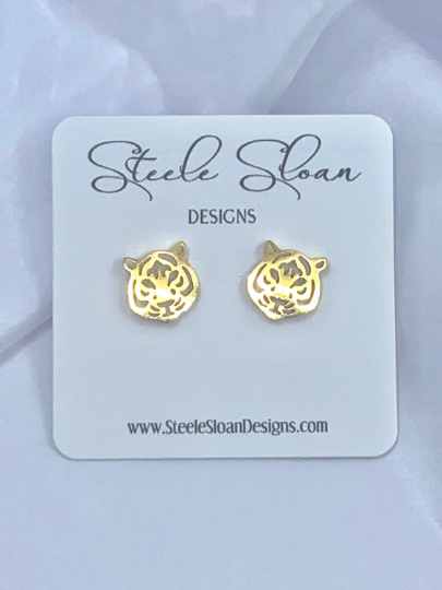 Steele Sloan Designs - Cute Tiger Earrings, Tiger Football Gift, Gold Stud Earrings: Gold