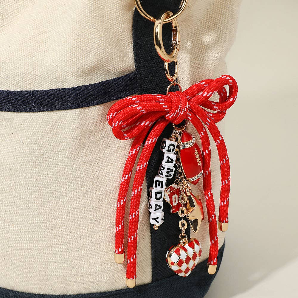 Sensibling Corp. - Football Themed Charm GAME DAY Message Beaded Rope Bow Accent Keychain / Bag Charm: Gold,Red,White