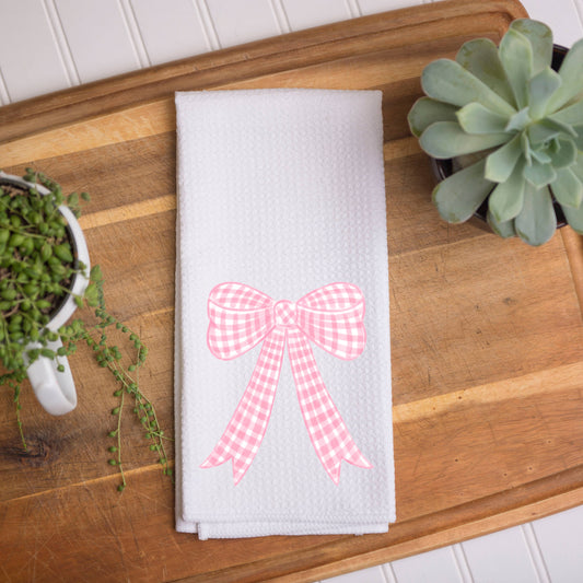 The Navy Knot - Pink Gingham Bow Kitchen Towel: Waffle Towel