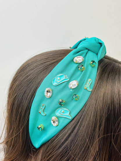 Prep Obsessed Wholesale - Western Embellished Top Knot Headbands: Turquoise