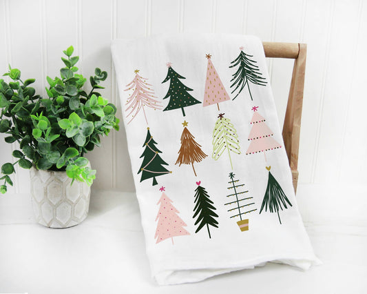 Watercolor Boho Christmas Trees Kitchen Towel