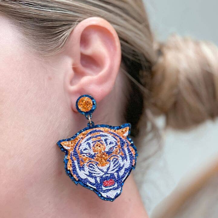 Prep Obsessed Wholesale - Glitter College Football Tiger Earrings: Orange & Purple