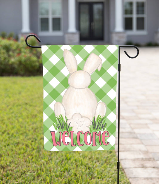 The Navy Knot - Easter Garden Flag - Green Plaid Bunny: 12" x 18" - Double-Sided