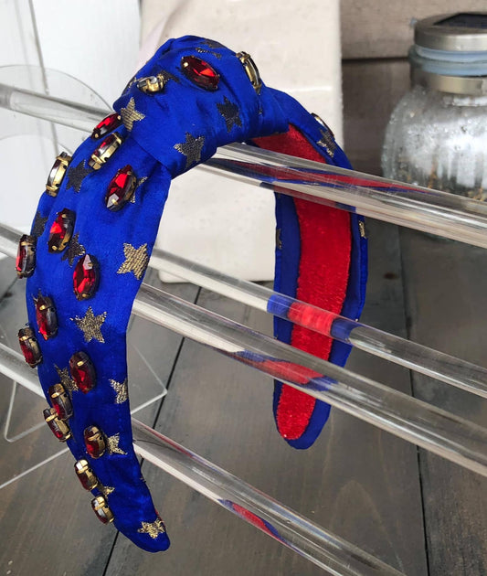 OBX Prep - Patriotic Blue and Gold Star Jeweled Top Knot Headband