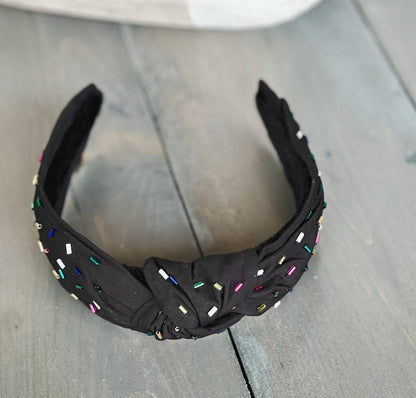 OBX Prep - Confetti Beaded Top Knot Headband: Black/Gold