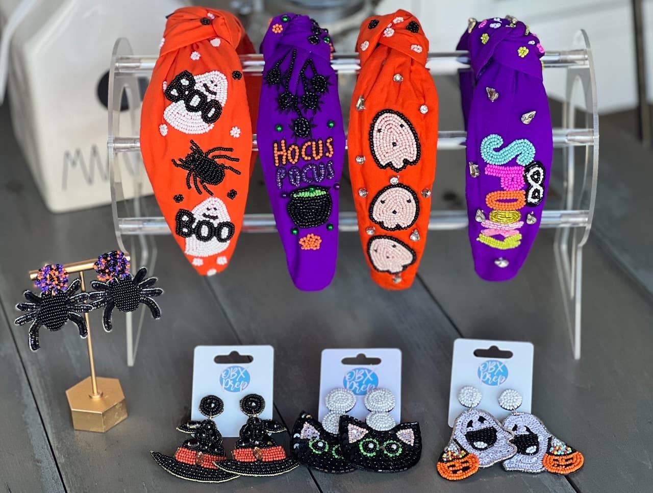 OBX Prep - Boo Spider and Ghost Top Knot Seed Beaded Halloween Headband
