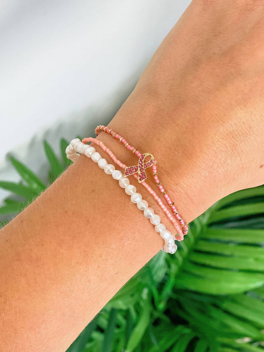 Prep Obsessed Wholesale - Breast Cancer Ribbon Stretch Bracelet Set