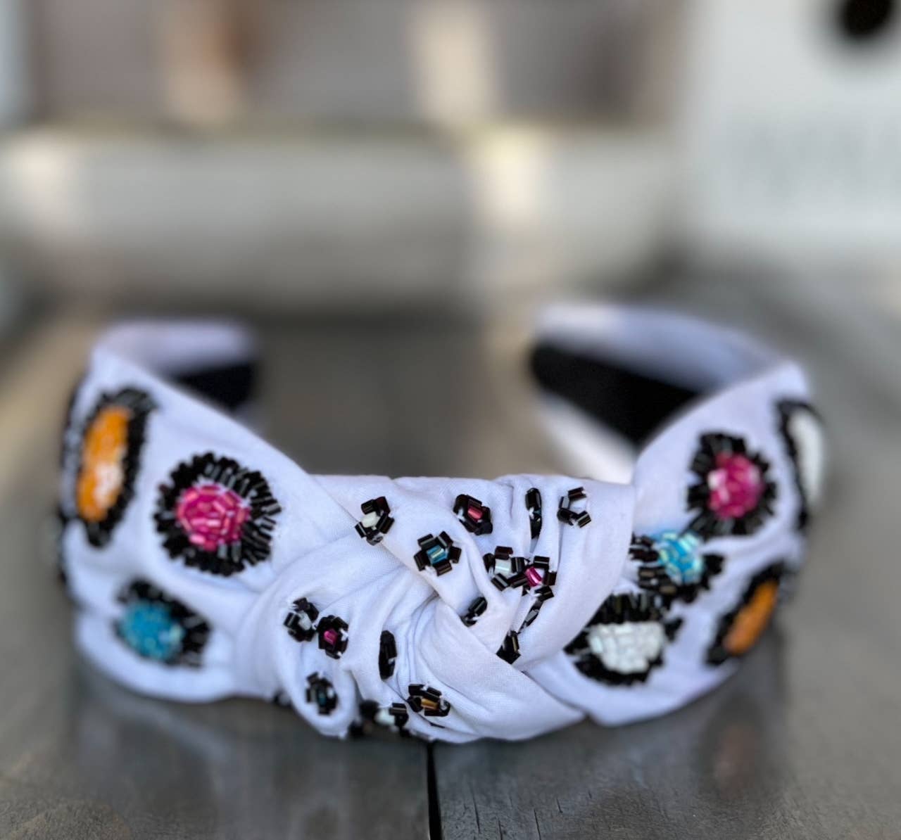 OBX Prep - Bright Leopard Top Knot Seed Beaded Headband