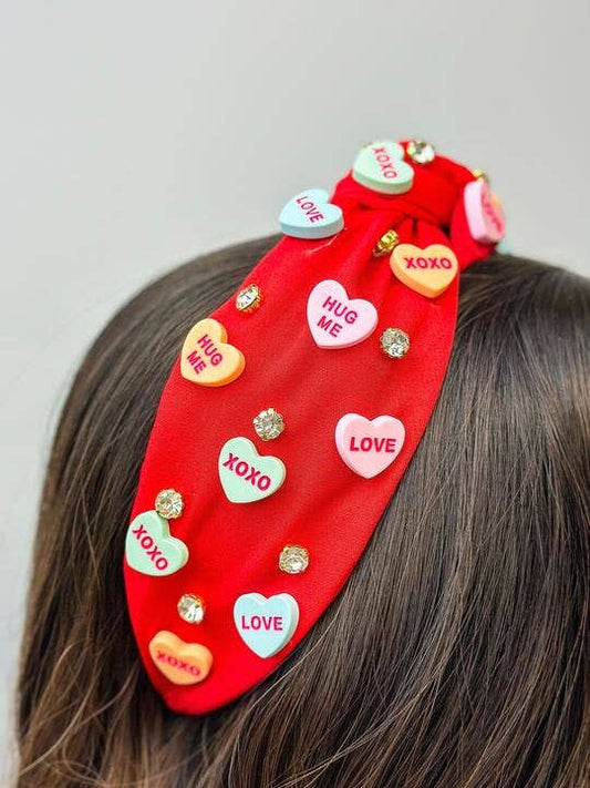 Prep Obsessed Wholesale - Candy Heart Decorated Knotted Headband - Red