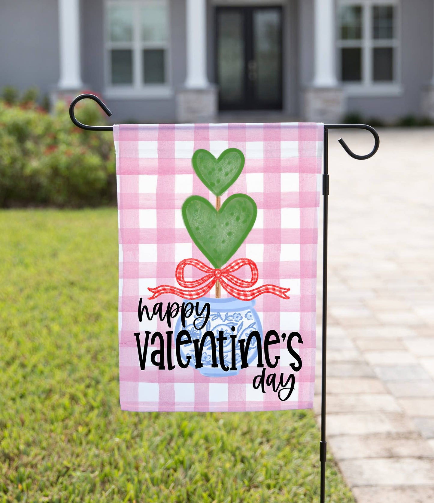 The Navy Knot - Valentine Garden Flag - Pink Plaid Topiary: 12" x 18" - Double-Sided