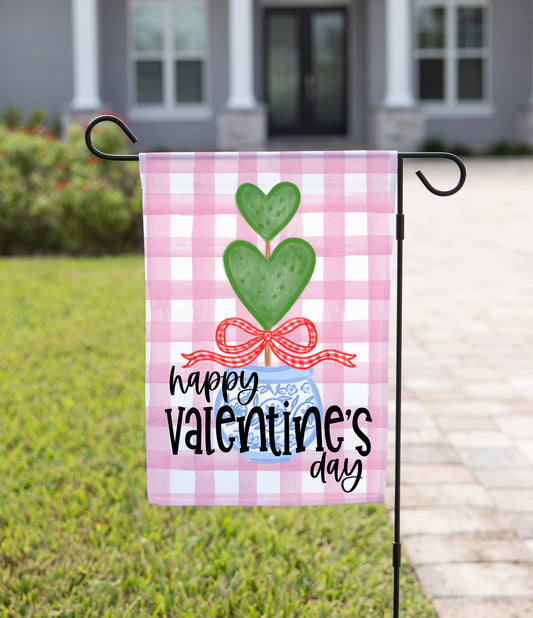 The Navy Knot - Valentine Garden Flag - Pink Plaid Topiary: 12" x 18" - Double-Sided