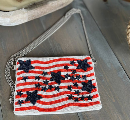 OBX Prep - Patriotic Red White Blue Stars Stripes Beaded Coin Purse