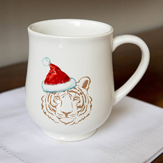 Santa Hat Tiger Coffee Mug   White/Gold/Red   18 oz.