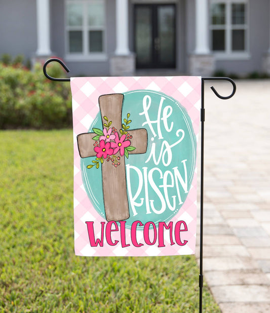 The Navy Knot - Easter Garden Flag - Pink Plaid He is Risen: 12" x 18" - Double-Sided