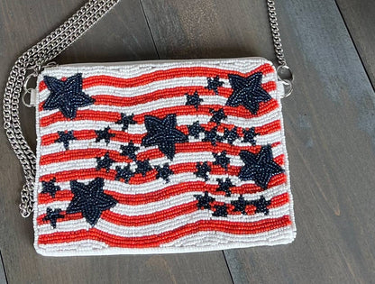 OBX Prep - Patriotic Red White Blue Stars Stripes Beaded Coin Purse