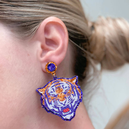 Prep Obsessed Wholesale - Glitter College Football Tiger Earrings: Orange & Purple