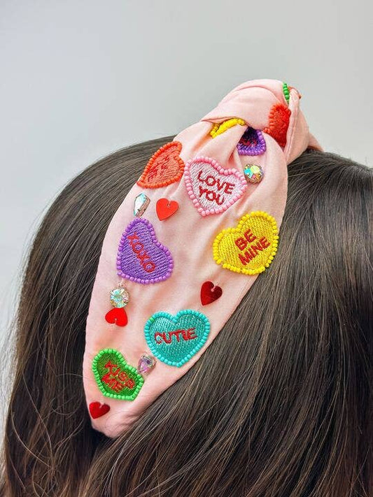 Conversation Heart Decorated Knotted Headband - Pink