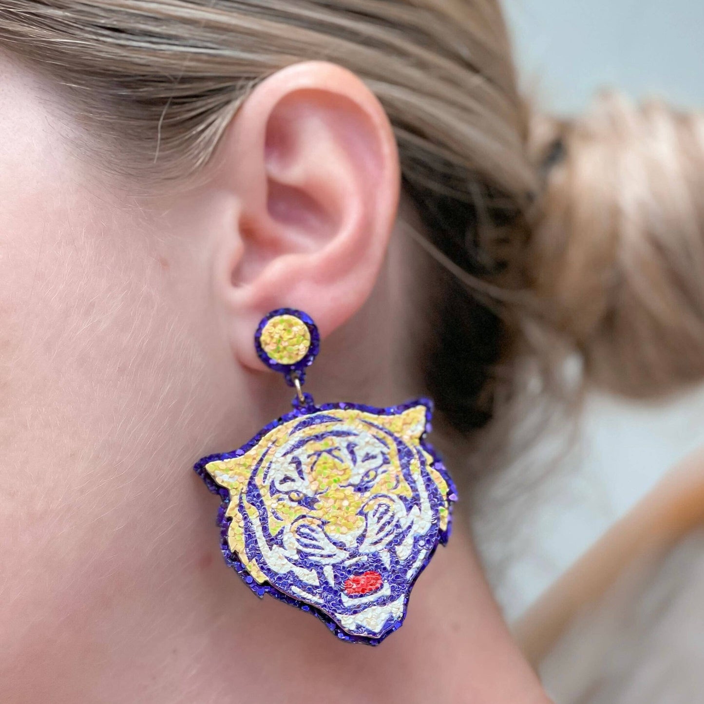 Prep Obsessed Wholesale - Glitter College Football Tiger Earrings: Orange & Purple