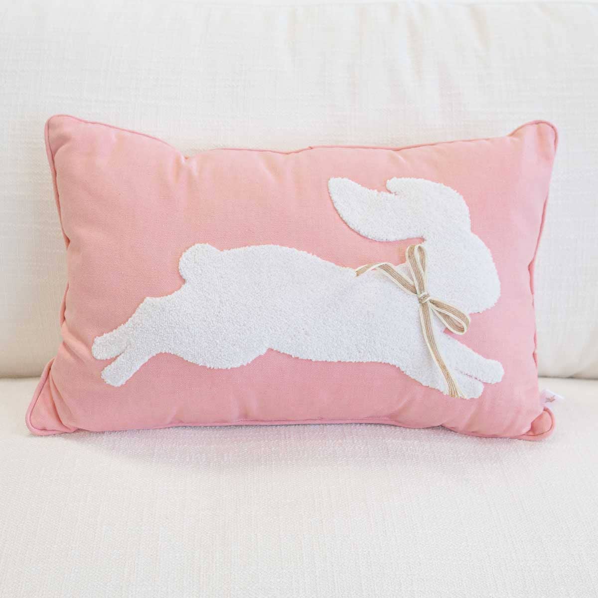 The Royal Standard - Leaping Bunny Embroidered Lumbar Pillow   Light Pink/White   13x20