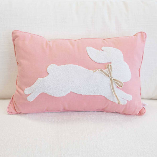 The Royal Standard - Leaping Bunny Embroidered Lumbar Pillow   Light Pink/White   13x20