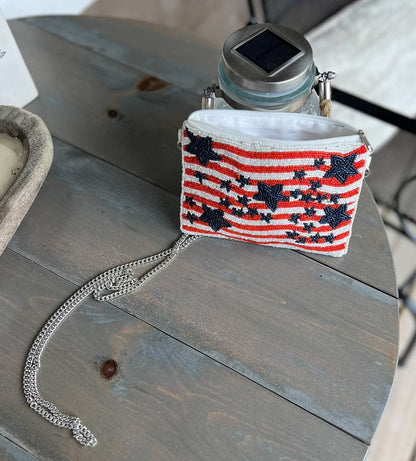 OBX Prep - Patriotic Red White Blue Stars Stripes Beaded Coin Purse