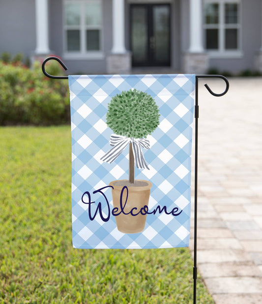 The Navy Knot - Spring Garden Flag - Welcome Topiary: 12" x 18" - Single-Sided