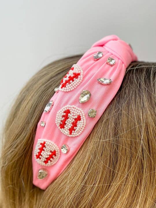 Prep Obsessed Wholesale - Beaded Baseball Embellished Headband - Pink