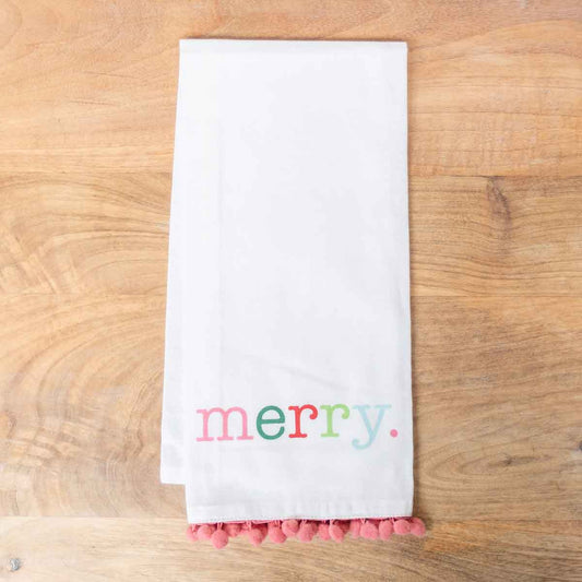 Merry Pom Pom Hand Towel   White/Pink   20x28