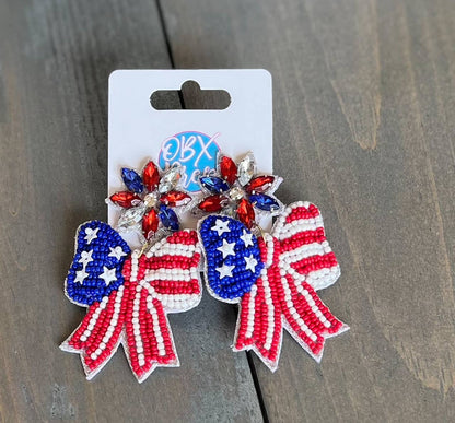 OBX Prep - Patriotic Red White and Blue Handmade Bow Earrings