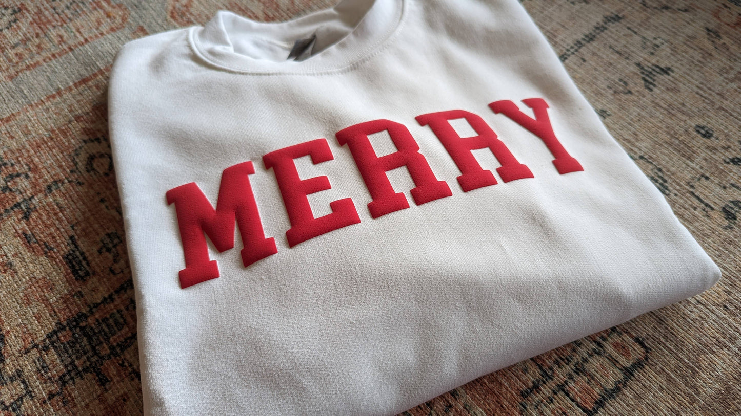 Christmas Sweatshirt MERRY Holiday Crewneck Sweater Puff:  Sand