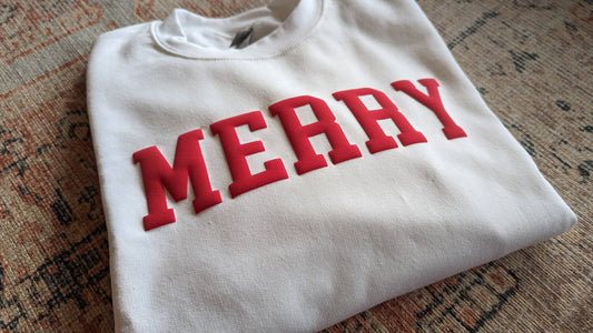 Christmas Sweatshirt MERRY Holiday Crewneck Sweater Puff:  Sand
