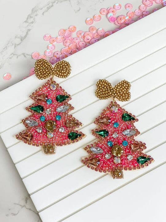 Prep Obsessed Wholesale - Pink Rhinestone Christmas Tree Dangle Earrings