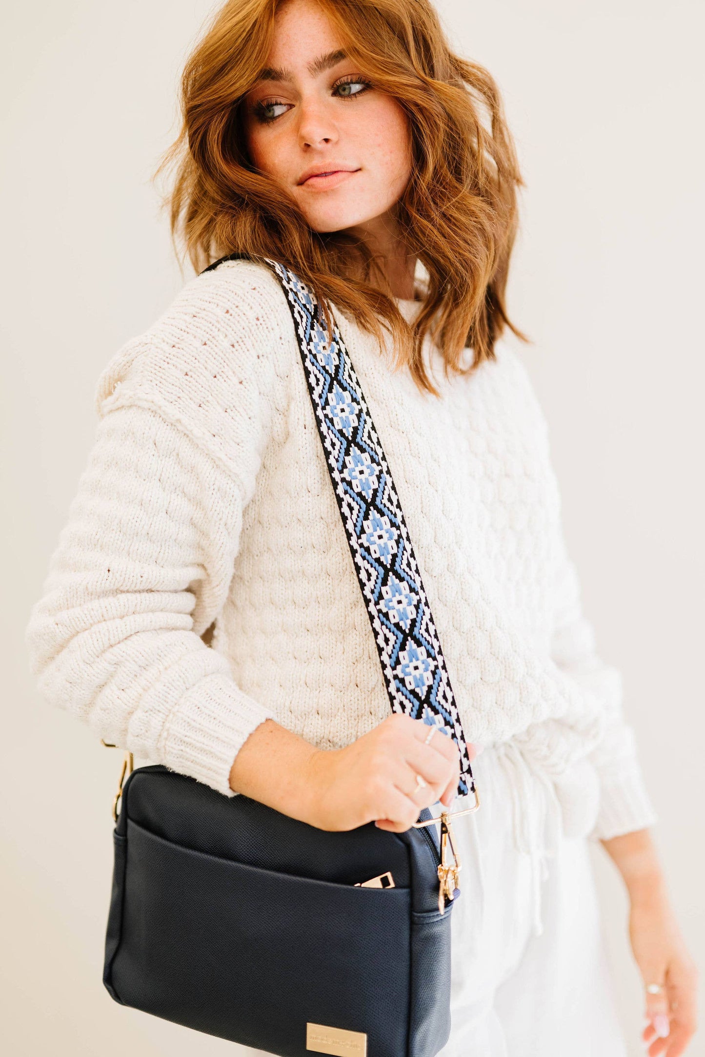 modern+chic - Tabitha Woven Adjustable Bag Guitar Straps: Beige + cream + baby blue