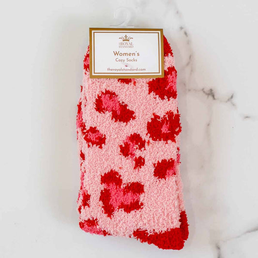 The Royal Standard - Leopard Valentine Cozy Socks   Pink/Red   One Size