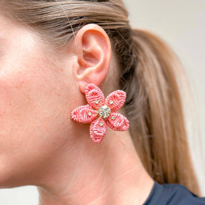 Prep Obsessed Wholesale - Rhinestone Raffia Flower Statement Earrings: Pink