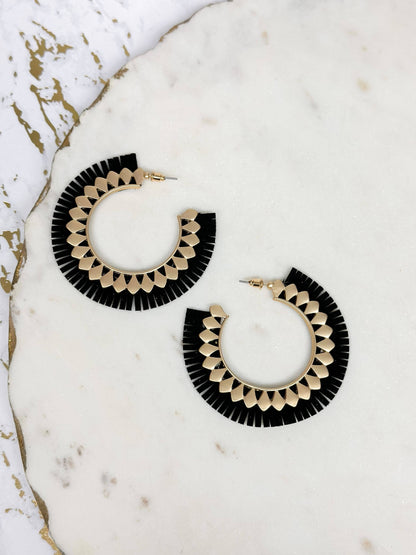 Prep Obsessed Wholesale - Suede Fringe Metal Hoop Earrings: Black