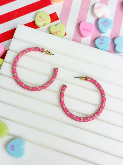 Prep Obsessed Wholesale - Big Heart-Patterned Enamel Hoop Earrings: Pink