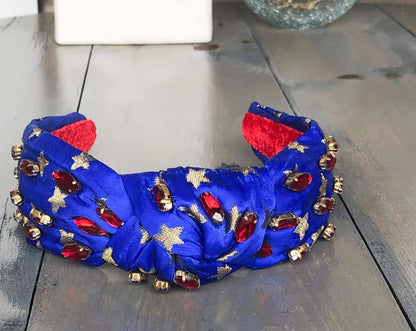 OBX Prep - Patriotic Blue and Gold Star Jeweled Top Knot Headband